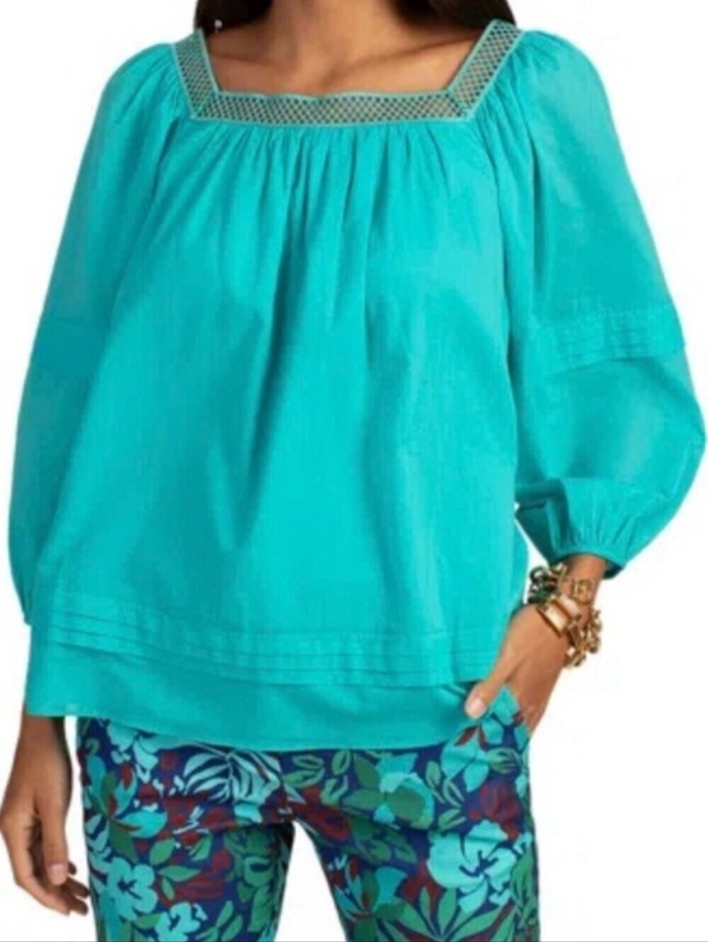 Trina Turk El Arsa Turquoise Cotton Square-Neck Peasant Top Size XXL